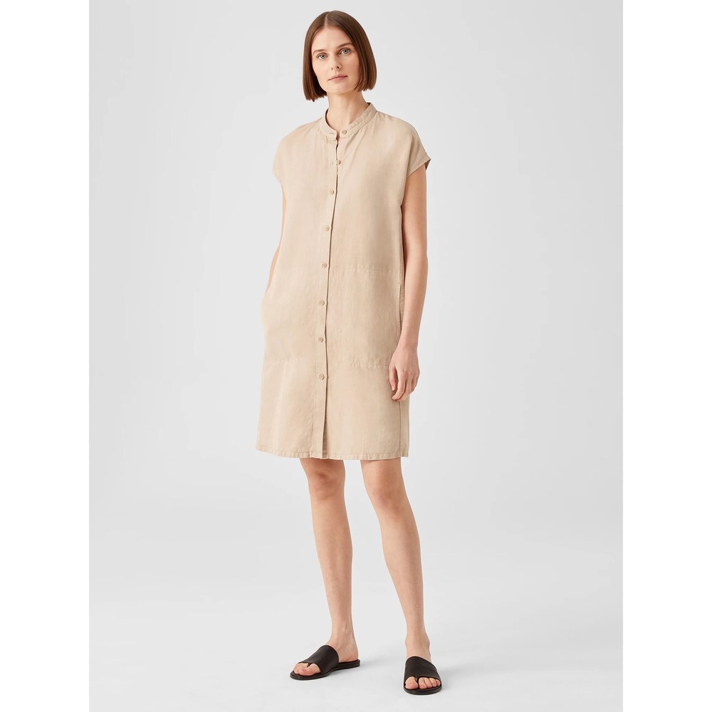 Eileen Fisher Beige Tencel Linen Button Down Shirt Dress Mandarin Collar M‎